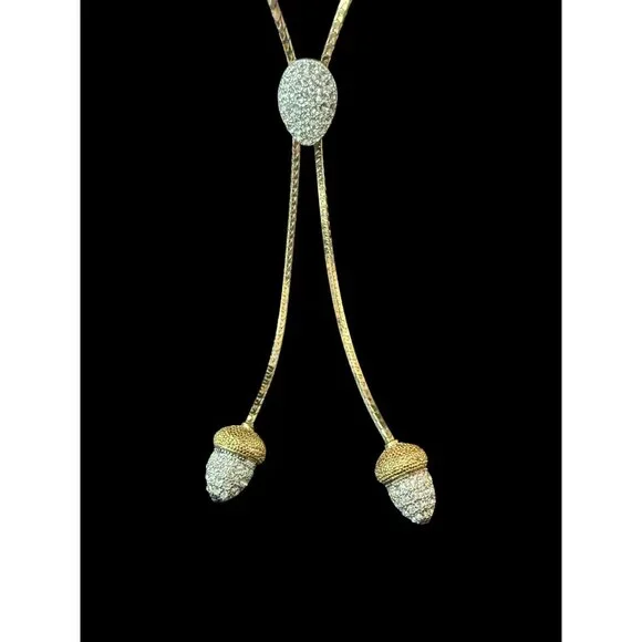 Vintage Acorn Gold-Tone Pendant Necklace & Matching Crystal Stud Earrings Set - Picture 4 of 9